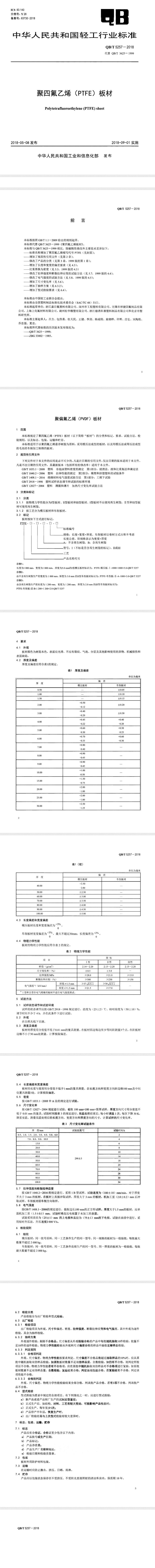 聚四氟乙烯板QB/T 5257-2018標準